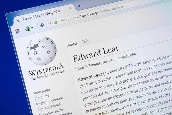 Ryazan, Rusya - 19 Ağustos 2018: Vikipedi sayfa hakkında Edward Lear Pc ekranda
