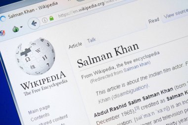 Ryazan, Rusya - 28 Ağustos 2018: Vikipedi sayfası Salman Khan hakkında Pc ekran.