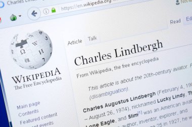 Ryazan, Rusya - 28 Ağustos 2018: Vikipedi sayfa hakkında Charles Lindbergh Pc ekranda.