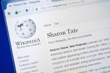 Ryazan, Rusya - 19 Ağustos 2018: Vikipedi sayfa hakkında Sharon Tate Pc ekranda