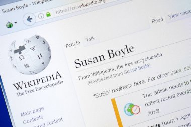Ryazan, Rusya - 28 Ağustos 2018: Vikipedi sayfa hakkında Susan Boyle Pc ekranda.