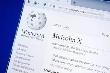 Ryazan, Rusya - 28 Ağustos 2018: Vikipedi sayfa hakkında Malcolm X Pc ekranda.