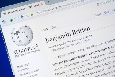 Ryazan, Rusya - 28 Ağustos 2018: Vikipedi sayfa hakkında Benjamin Britten Pc ekranda.