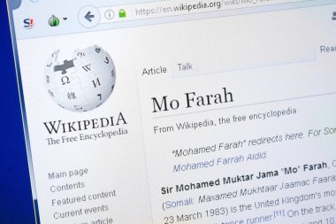 Ryazan, Rusya - 28 Ağustos 2018: Vikipedi sayfa hakkında Mo Farah Pc ekranda.