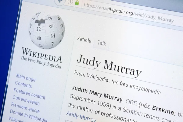 Rjasan, russland - 28. august 2018: wikipedia-seite über judy murray auf dem display des pc — Stockbild Rjasan, russland - 28. august 2018: wikipedia-seite über judy murray auf dem display des pc. — Stockfoto