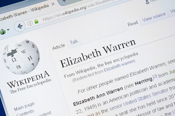 Ryazan, russland - august 28, 2018: wikipedia-seite über elizabeth warren auf dem display des pc — Stockbild Ryazan, russland - august 28, 2018: wikipedia-seite über elizabeth warren auf dem display des pc. — Stockfoto