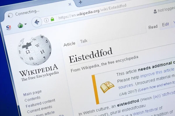 Ryazan, Rusia - 28 Agustus 2018: Halaman Wikipedia tentang Eisteddfod pada tampilan PC . — Stok Foto