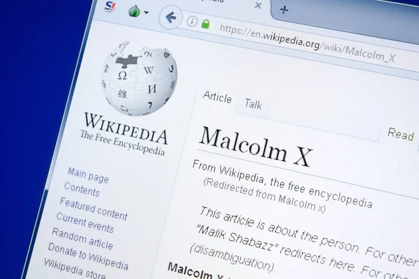 Ryazan, Rusya - 28 Ağustos 2018: Vikipedi sayfa hakkında Malcolm X Pc ekranda.