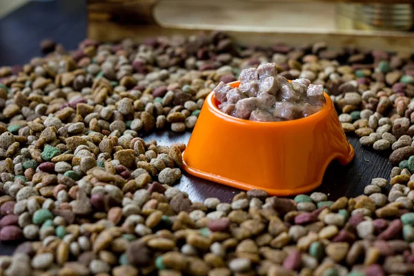 Wet canned pet food in a bowl surrounded by dry food