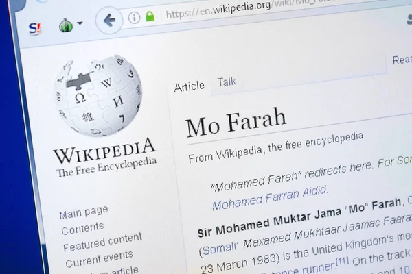 Ryazan, Rusya - 28 Ağustos 2018: Vikipedi sayfa hakkında Mo Farah Pc ekranda.