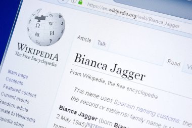 Ryazan, Rusya - 28 Ağustos 2018: Vikipedi sayfa hakkında Bianca Jagger Pc ekranda.