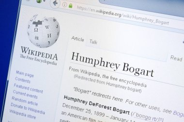 Ryazan, Rusya - 28 Ağustos 2018: Vikipedi sayfa hakkında Humphrey Bogart Pc ekranda.