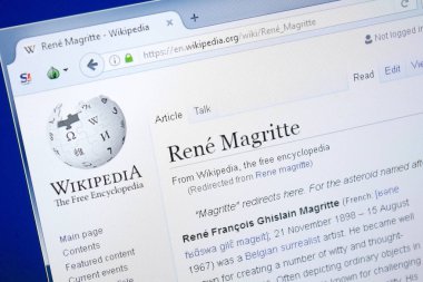 Ryazan, Rusya - 28 Ağustos 2018: Vikipedi sayfa hakkında Rene Magritte Pc ekranda.