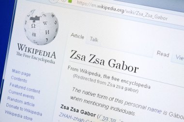Ryazan, Rusya - 28 Ağustos 2018: Vikipedi sayfa hakkında Zsa Zsa Gabor Pc ekranda.