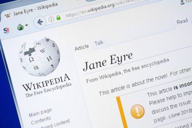 Ryazan, Rusya - 28 Ağustos 2018: Vikipedi sayfası Jane Eyre hakkında Pc ekranda.