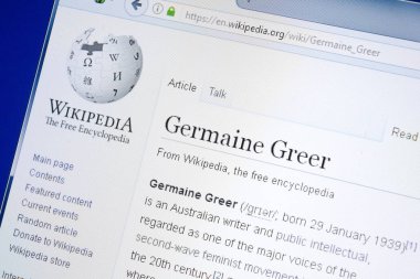 Ryazan, Rusya - 28 Ağustos 2018: Vikipedi sayfa hakkında Germaine Greer Pc ekranda.