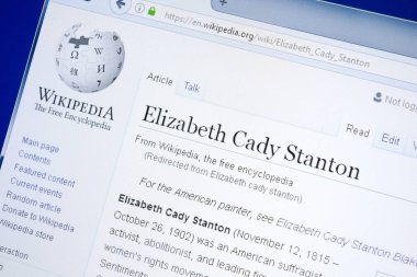 Ryazan, Rusya - 28 Ağustos 2018: Vikipedi sayfa hakkında Elizabeth Cady Stanton Pc ekranda.