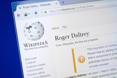 Ryazan, Rusya - 19 Ağustos 2018: Vikipedi sayfa hakkında Roger Daltrey Pc ekranda