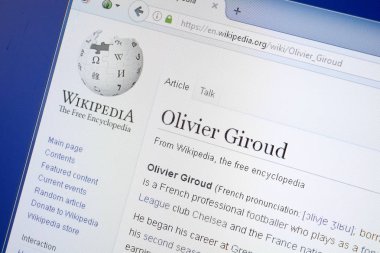 Ryazan, Rusya - 19 Ağustos 2018: Vikipedi sayfa hakkında Olivier Giroud Pc ekranda