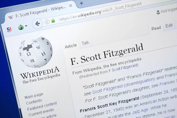Ryazan, Rusia - 28 de agosto de 2018: página de Wikipedia sobre F.Scott Fitzgerald en la pantalla del PC . — Foto de Stock