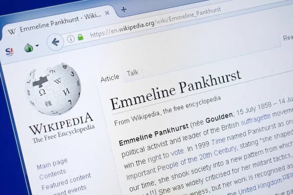 Ryazan Rusia Agosto 2018 Página Wikipedia Sobre Emmeline Pankhurst Pantalla — Foto de Stock