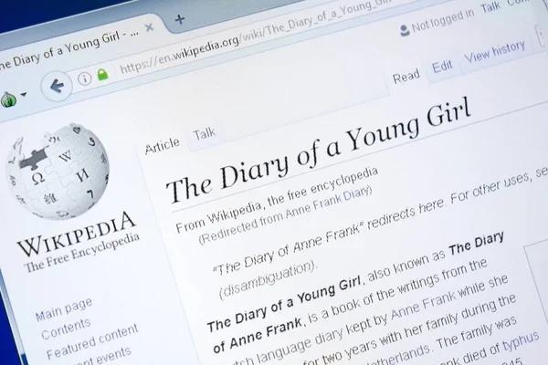 Ryazan, Rusia - 28 Agustus 2018: Halaman Wikipedia tentang The Diary of a Young Girl di layar PC . — Stok Foto