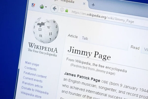 Rjazaň, Rusko - 28 srpna 2018: Stránce Wikipedie o Jimmy Page na monitoru Pc. — Stock fotografie