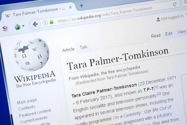 Ryazan, Rusia - 28 Agustus 2018: Halaman Wikipedia tentang Tara Palmer-Tomkinson pada tampilan PC . — Stok Foto