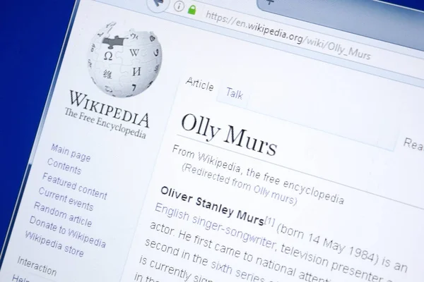 Rjazaň, Rusko - 28 srpna 2018: Stránce Wikipedie o Olly Murs na monitoru Pc. — Stock fotografie