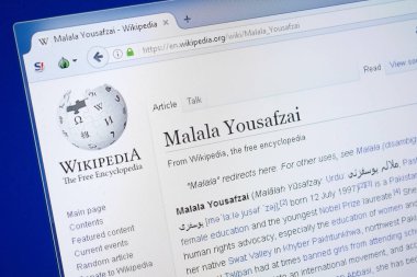 Ryazan, Rusya - 19 Ağustos 2018: Vikipedi sayfa hakkında Malala Yousafzai Pc ekranda