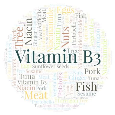 Vitamin B3 in a circle shape word cloud. clipart