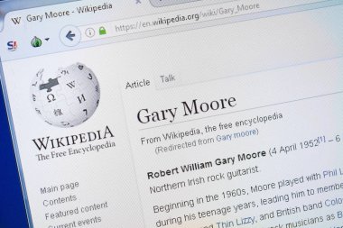 Ryazan, Rusya - 19 Ağustos 2018: Vikipedi sayfa Gary Moore hakkında Pc ekranda