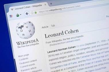 Ryazan, Rusya - 19 Ağustos 2018: Vikipedi sayfa hakkında Leonard Cohen Pc ekranda