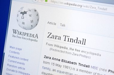 Ryazan, Rusya - 28 Ağustos 2018: Vikipedi sayfa hakkında Zara Tindall Pc ekranda.