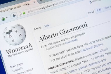 Ryazan, Rusya - 28 Ağustos 2018: Vikipedi sayfa hakkında Alberto Giacometti Pc ekranda.
