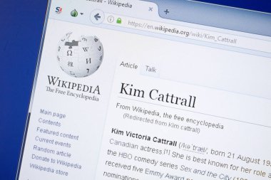 Ryazan, Rusya - 19 Ağustos 2018: Vikipedi sayfa hakkında Kim Cattrall Pc ekranda