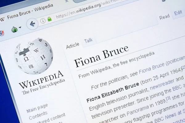 Ryazan, Rusya - 28 Ağustos 2018: Vikipedi sayfa hakkında Fiona Bruce Pc ekranda.
