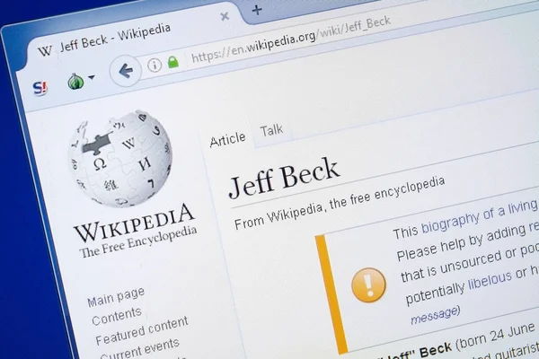 Ryazan Rusia Agosto 2018 Página Wikipedia Sobre Jeff Beck Pantalla — Foto de Stock