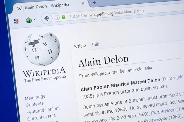 Ryazan Rusia Agosto 2018 Página Wikipedia Sobre Alain Delon Pantalla — Foto de Stock
