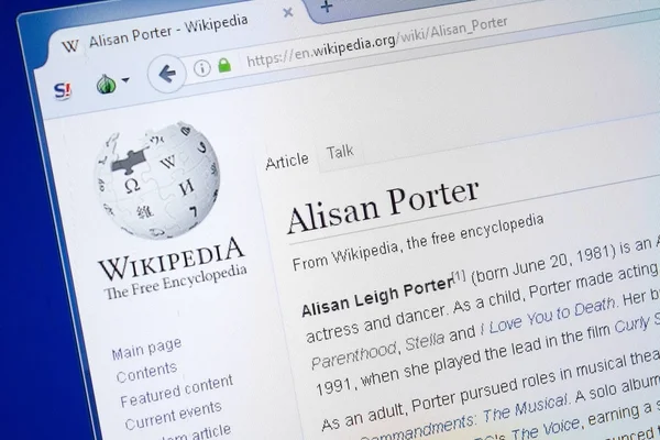 Ryazan Rusia Agosto 2018 Página Wikipedia Sobre Alisan Porter Pantalla — Foto de Stock