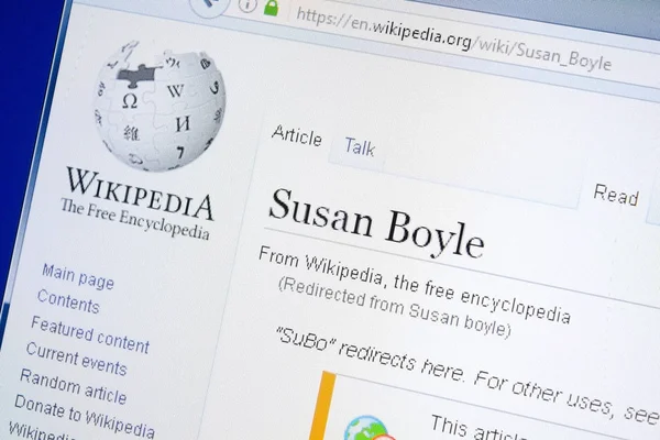 Ryazan, Rusia - 28 de agosto de 2018: página de Wikipedia sobre Susan Boyle en la pantalla del PC . — Foto de Stock