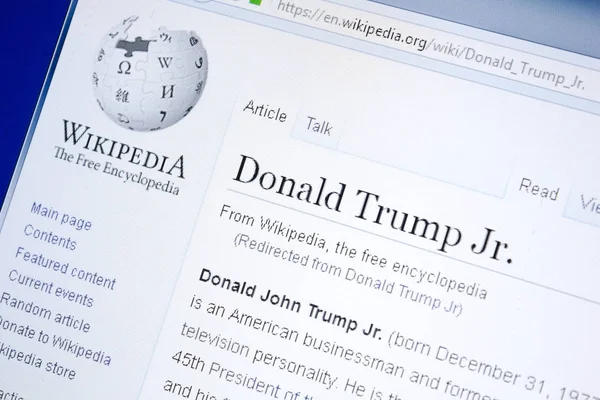 Ryazan, Rusland - augustus 28, 2018: Wikipedia-pagina over Donald Trump Jr. op het beeldscherm van de Pc. — Stockfoto