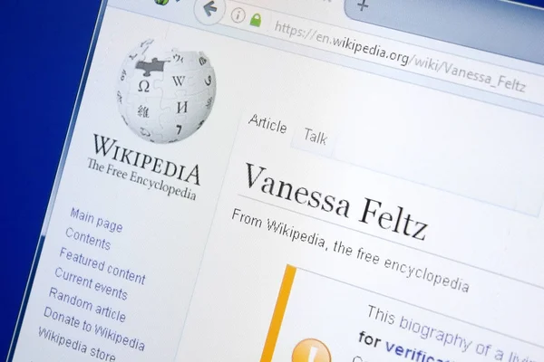 Ryazan, russland - 28. august 2018: wikipedia-seite über vanessa feltz auf dem display des pc. — Stockfoto