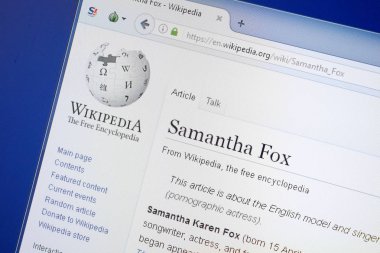 Ryazan, Rusya - 19 Ağustos 2018: Vikipedi sayfası Samantha Fox hakkında Pc ekranda