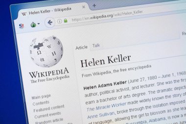 Ryazan, Rusya - 19 Ağustos 2018: Vikipedi sayfası Helen Keller hakkında Pc ekranda