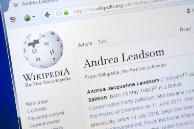 Ryazan, Rusya - 28 Ağustos 2018: Vikipedi sayfa hakkında Andrea Leadsom Pc ekranda.