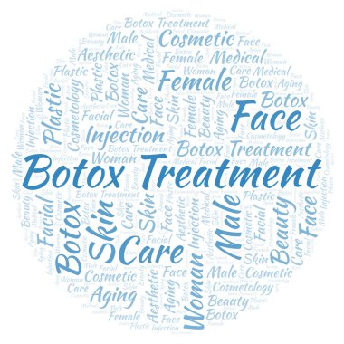 Botox tedavisi bir daire kelime bulut şeklinde. Yalnızca metin ile yapılan Wordcloud.