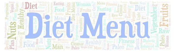 Word cloud with text Diet Menu in banner shape on a white background.
