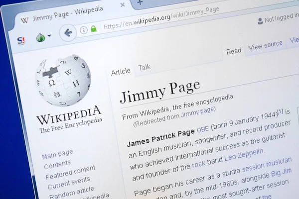 Ryazan, Rusya - 28 Ağustos 2018: Vikipedi sayfa hakkında Jimmy Page Pc ekranda. — Stok fotoğraf