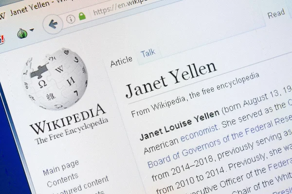 Ryazan, Oroszország - 2018. augusztus 28.: Wikipedia oldala Janet Yellen, a kijelzőn a Pc. — Stock Fotó